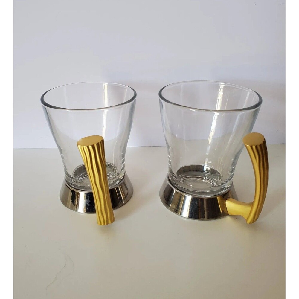 Gold & Stainless Silver MCM Glass Cups Coffee Teacups, Set of 2